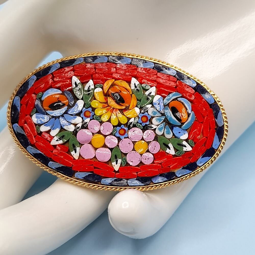 Vintage Italian Micro Mosaic Floral Brooch Oval Mosaic Pin Gold Tone